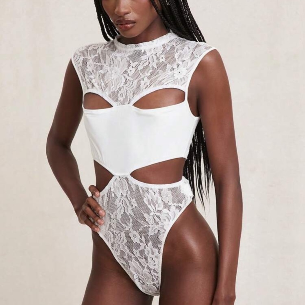 SPLICED LACE Bright White Cutout Floral Mesh Mock Neck Bodysuit - Picture 4 of 8